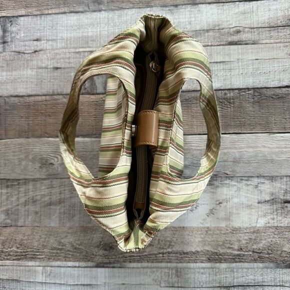 Fossil Y2K Striped Canvas Shoulder Bag Tote Green Brown Boho Casual Everyday - Picture 3 of 10